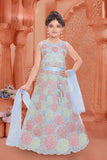 Sky Blue Floral Embroidered Lehenga Choli Set With Dupatta For Girls