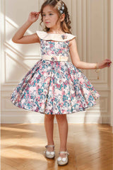 Cream Floral Printed Frock With Bretha Collar For Girls