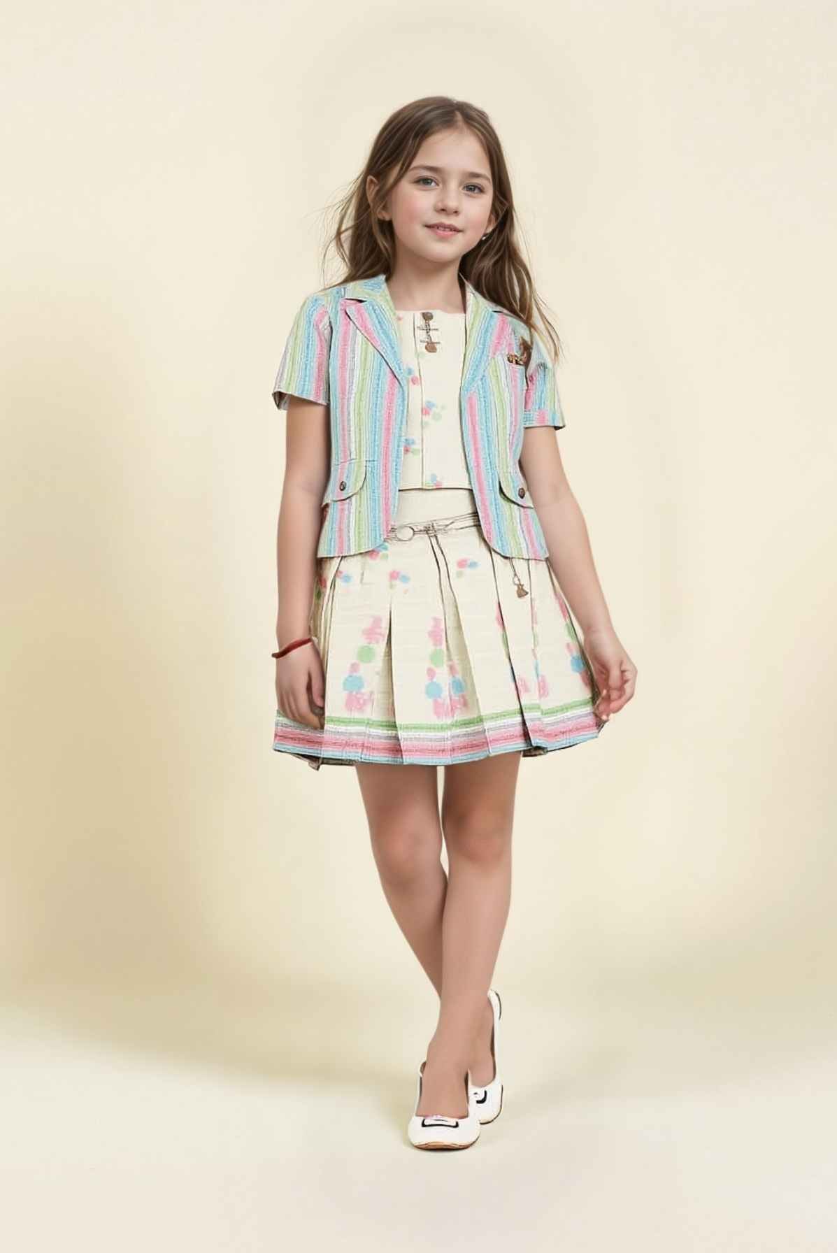 Multicolor Top And Pleated Skirt  Set With Striped Overcoat For Girls