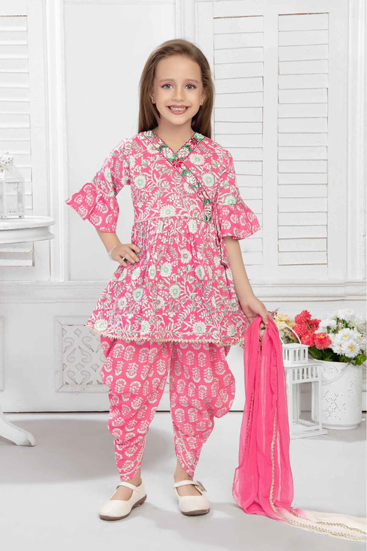 Pink Printed Top With Dhoti Bottom Set For Girls