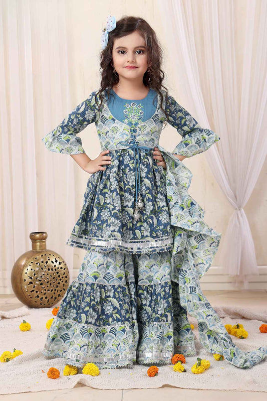 Blue Floral Embroidered And Floral Printed Sharara Set For Girls