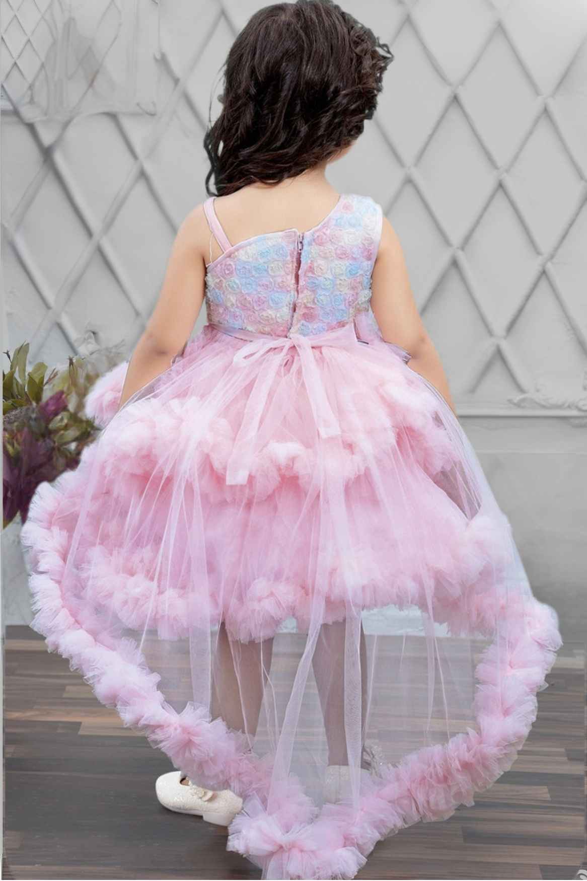 Pastel Pink Tailback Frock With Floral Embellishment For Girls