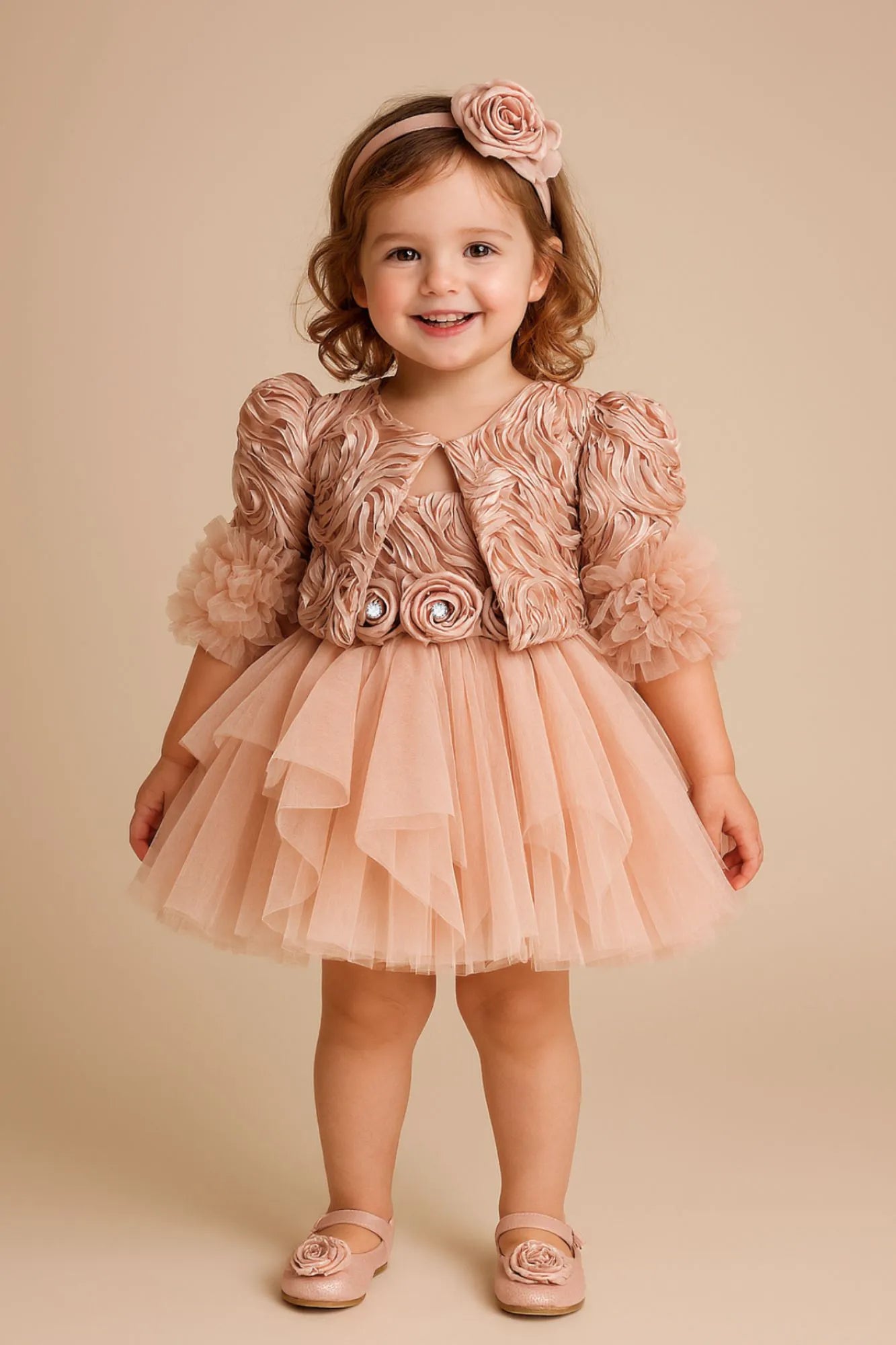Peach Rosette Tulle Frock with Jacket For Girls