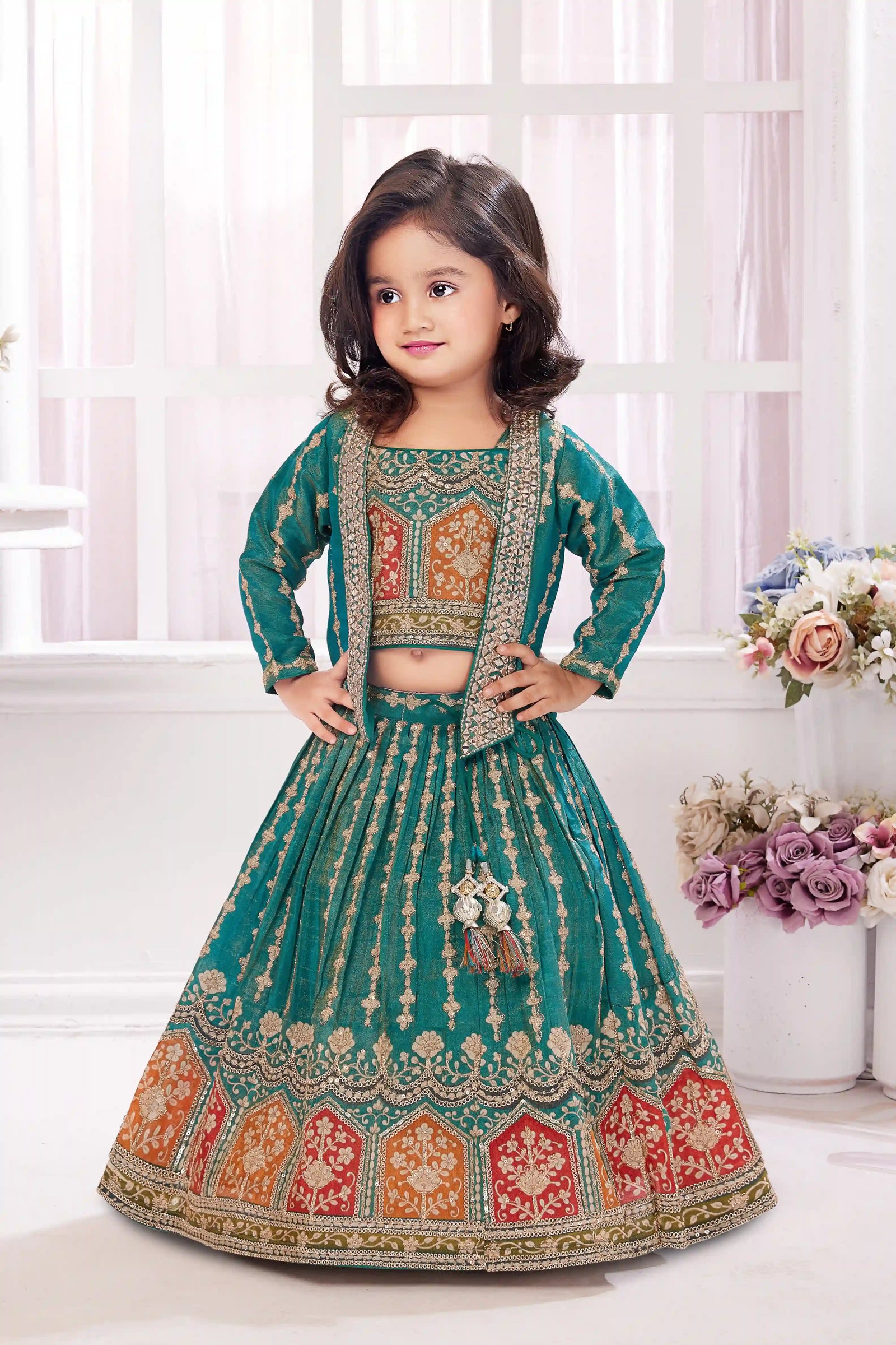 Green Embroidered Lehenga Set with Embellished Jacket For Girls