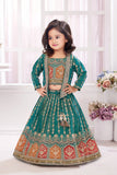 Green Embroidered Lehenga Set with Embellished Jacket For Girls