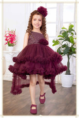 Wine Net Tailback Floral Embellishment Frock With Hairband For Girls