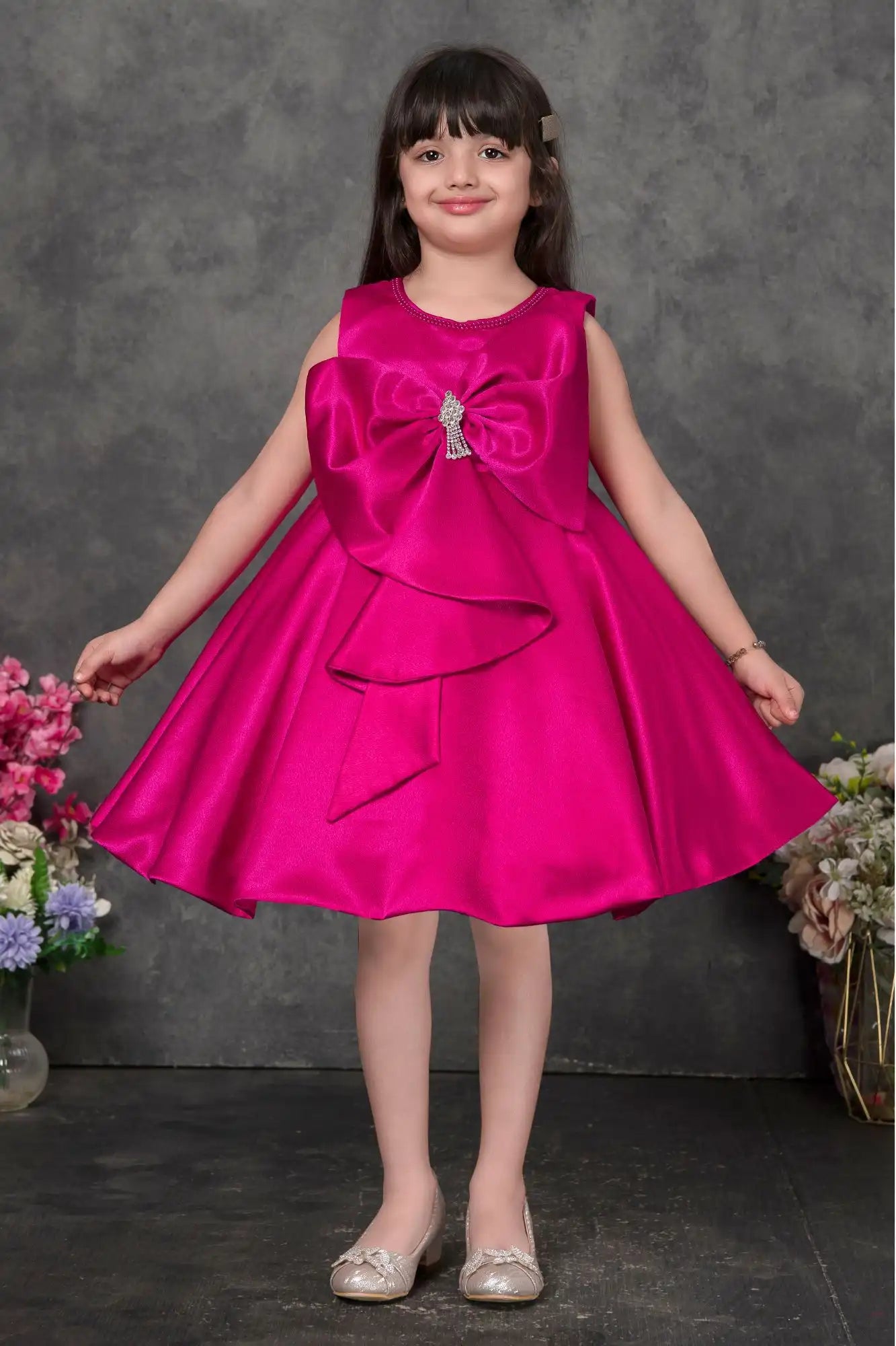 Pink Party Dress with Oversized Bow And Stone Brooch For Girls