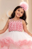 Peach High-Low Party Wear Tulle Frock with Ruffle Layers For Girls