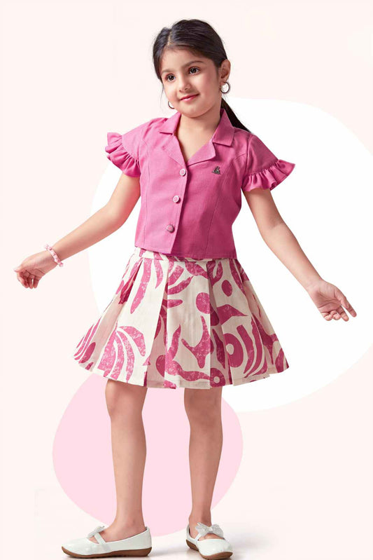 Onion Pink Printed Skirt With Top Set For Girls