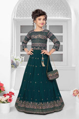 Rama Green Sequin And Embroidery Work Lehenga Choli For Girls