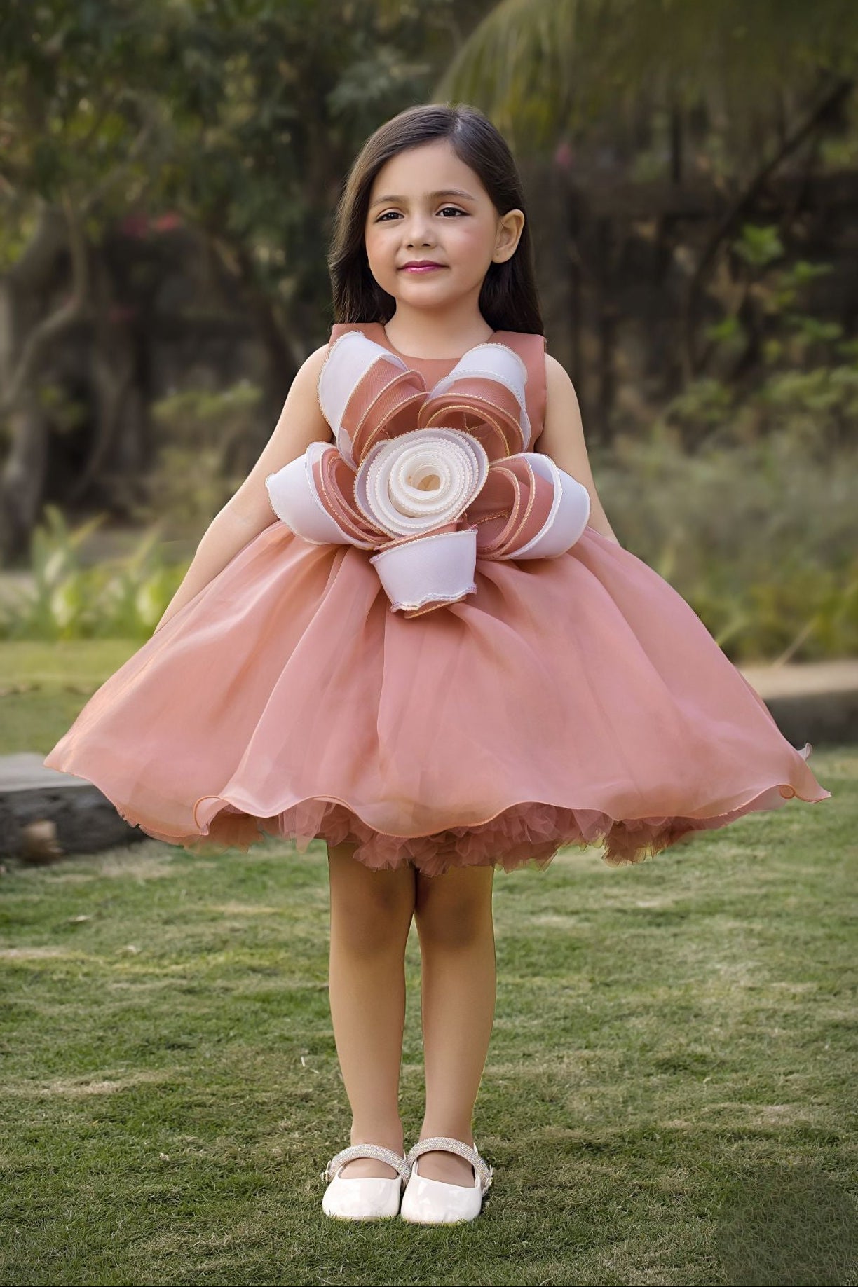 Girls Peach Floral Applique Party Dress