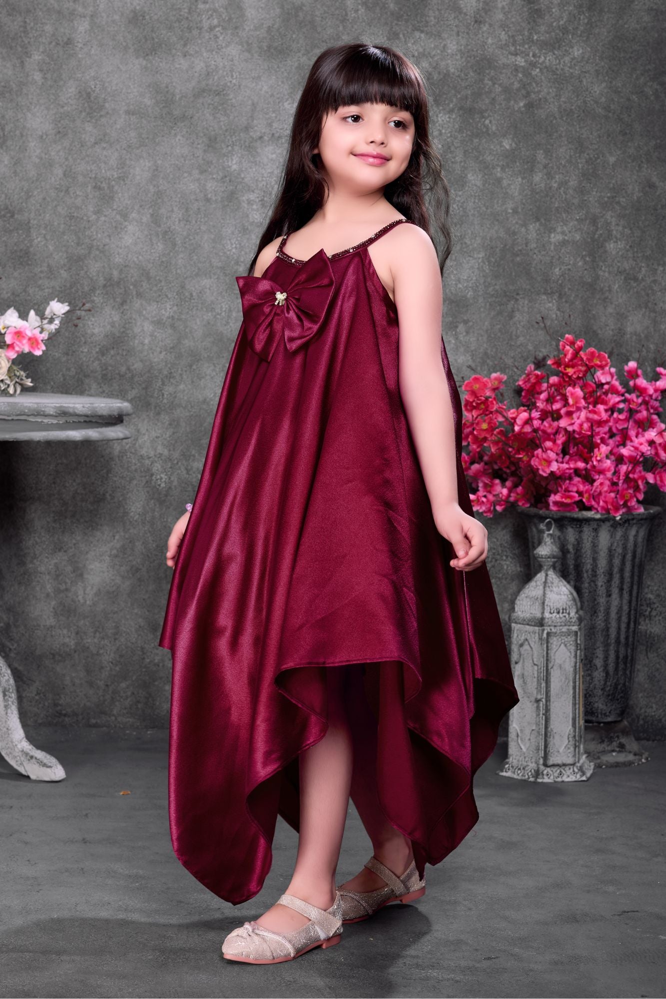Wine Party Wear High-Low Frock with Bow Detail For Girls