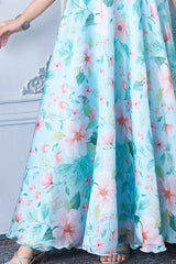 Blue Printed Gown With Puff Sleeves For Girls