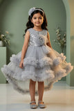 Girls Grey Sequin Embellished Party Frock with Tulle Layers and Floral Detail