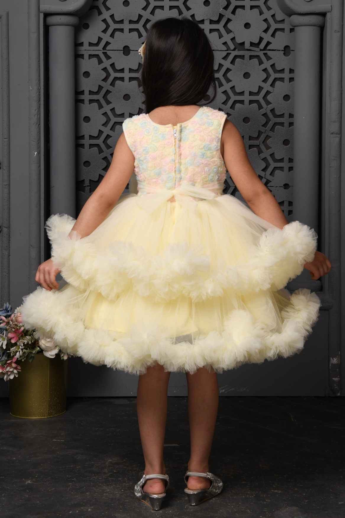 Lemon Yellow Frock With Floral Embellishment For Girls