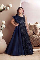 Navy Blue Sequined Partywear Gown For Girls