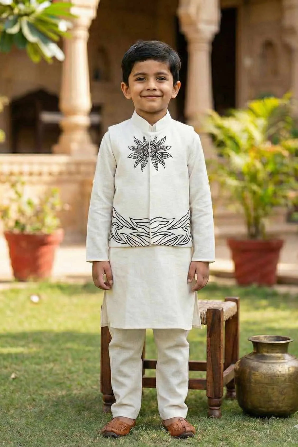 White Kurta with Embroidered Waist-coat For Boys