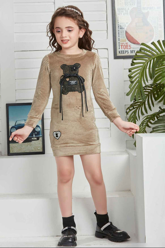 Fawn Velvet Dress With Patch Work For Girls