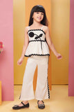 Cream Sleeveless With Black Flower Embellished Top And Pant Set For Girls