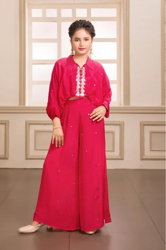 Rani Pink Embellished Palazzo Set with Tassel Shirt for Girls