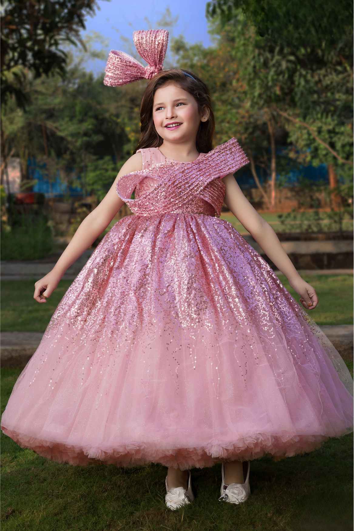 Onion Pink Sequin Ball Gown With Crossover Bow For Girlss