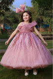 Onion Pink Sequin Ball Gown With Crossover Bow For Girlss