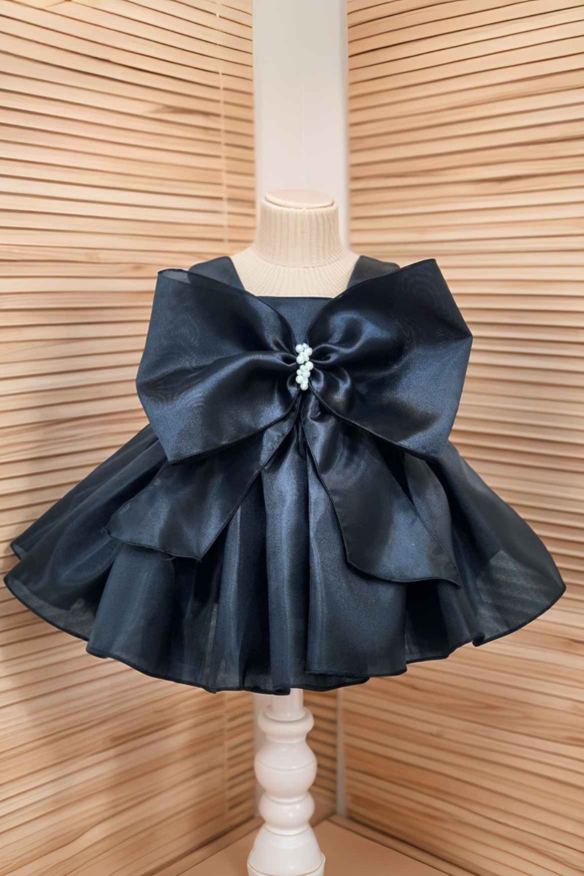 Black Bow Embellished With Pearls Work Frock For Girls