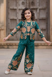 Rama Green Embroidered Ethnic Co-Ord Set With Jacket And  For Girls
