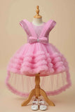 Pink Party Frock With Layered Ruffles And Statement Bow and Tailback For Girls