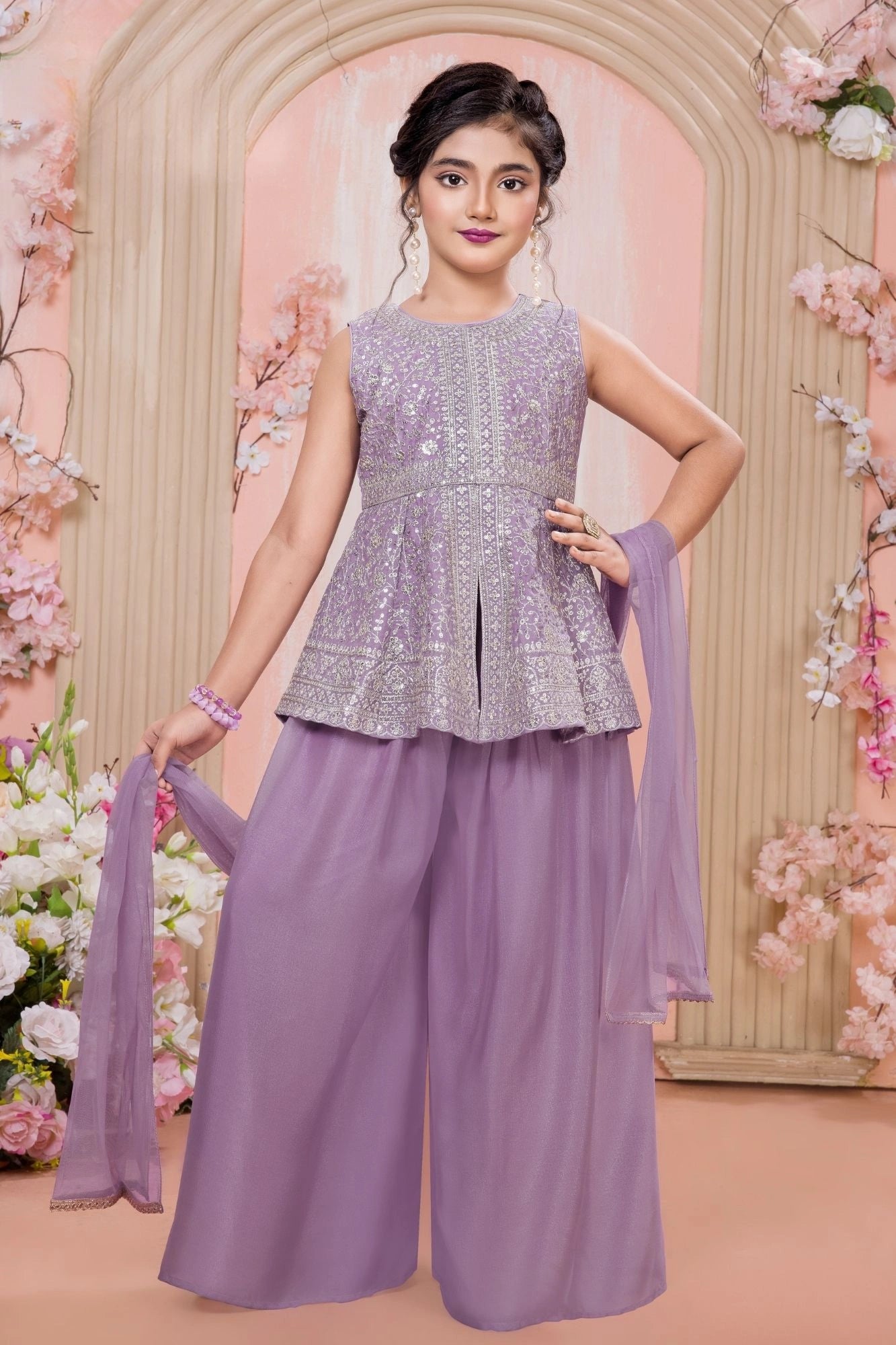 Lavender Sequins And Zari Embroidered Peplum Kurti With Palazzo Set for Girls