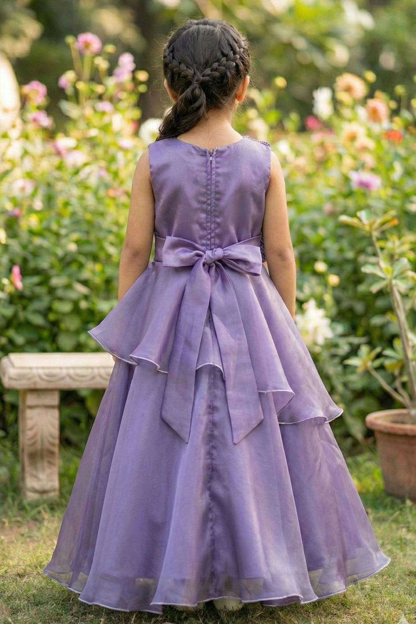 Purple Layered Party Gown with Oversized Floral Appliqué For Girls