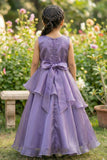 Purple Layered Party Gown with Oversized Floral Appliqué For Girls