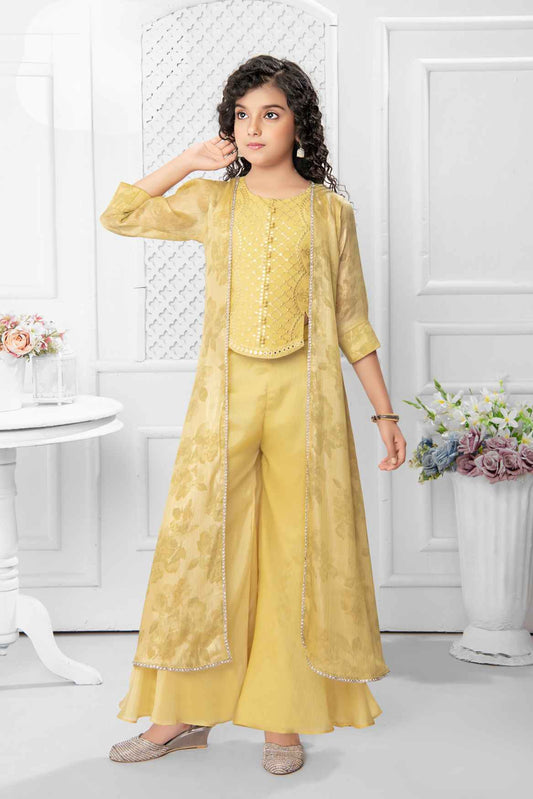 Mustard Embroidered And Sequin Work Top With Palazzo Set For Girls