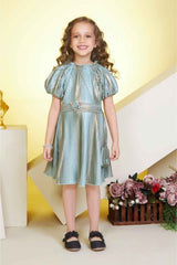 Green Shimmer Frock With Puff Sleeves For Girls