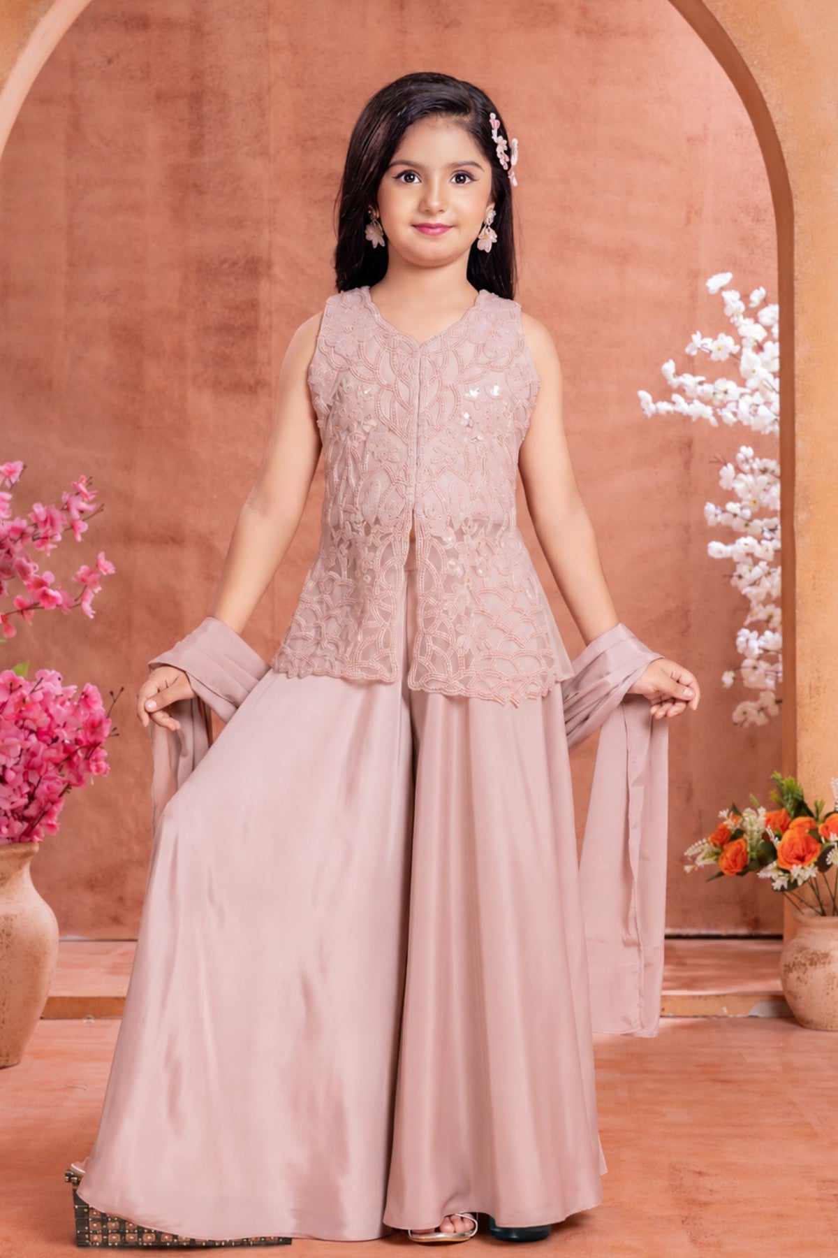 Girls Blush Pink Bead And Sequin Embellished Palazzo Set with Dupatta