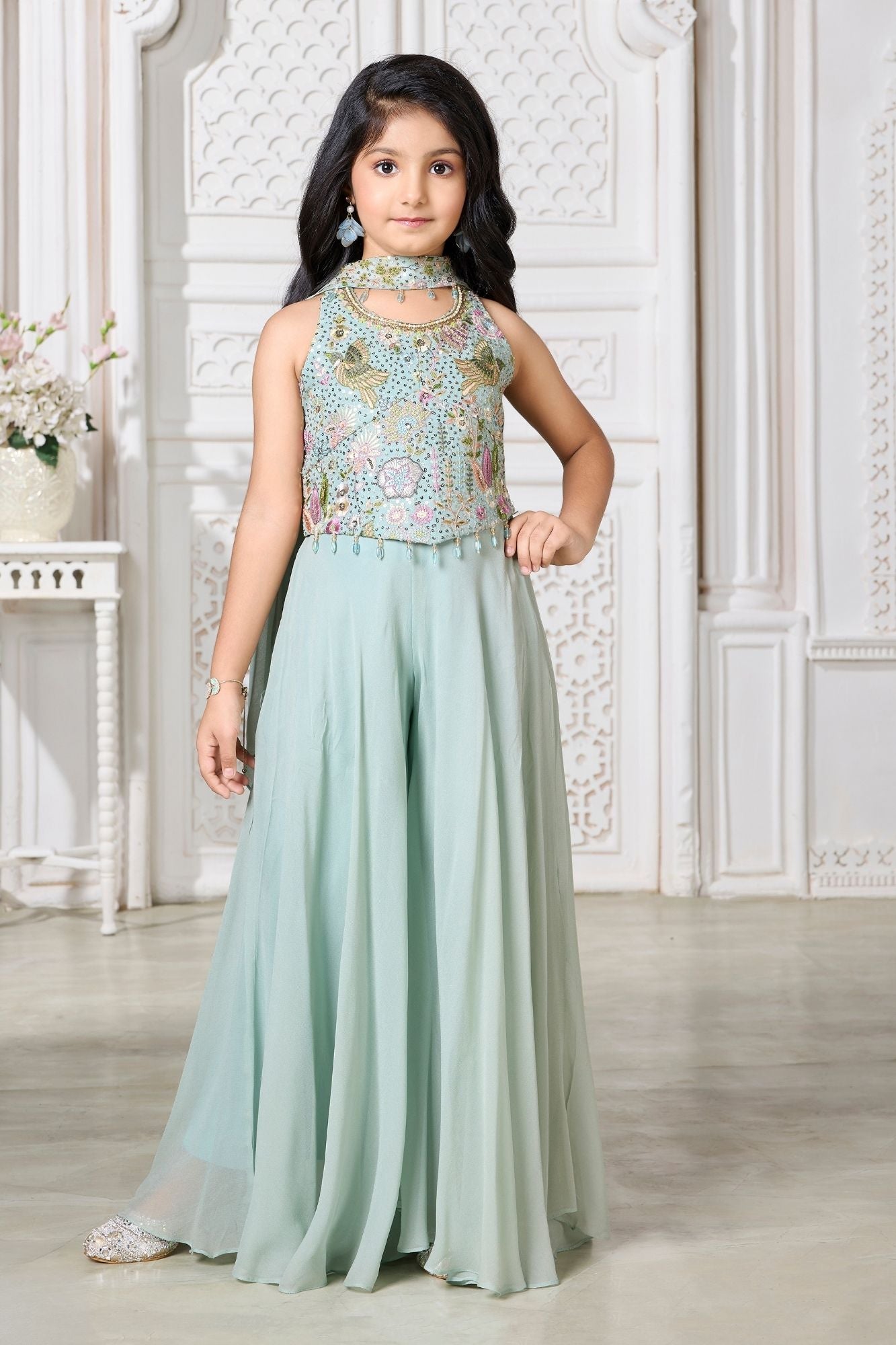 Girls Aqua Blue Sequin Embroidered Halter Neck Palazzo Set With Dupatta
