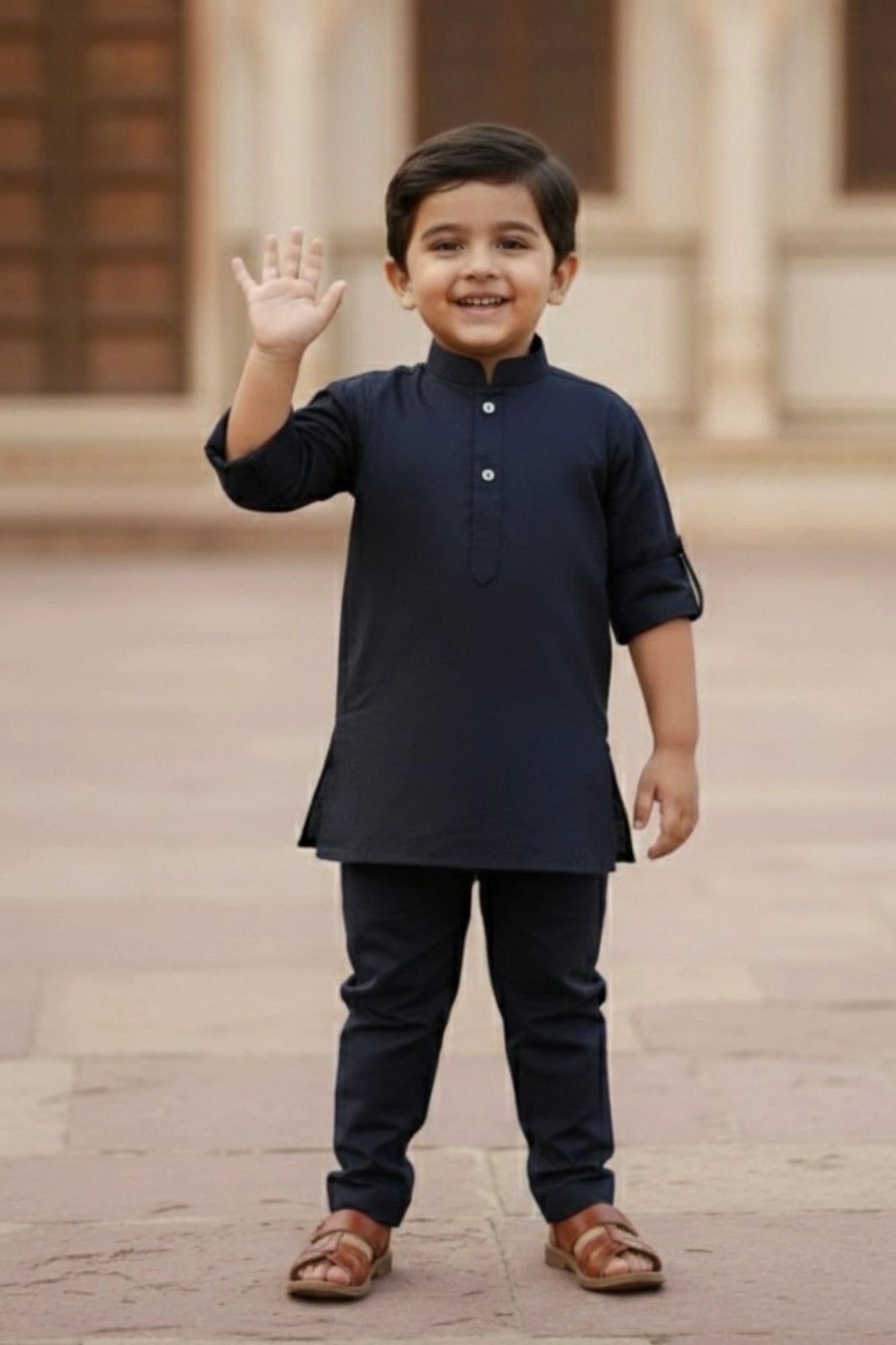 Navy Blue Embroidered Kurta Set with Nehru Jacket For Boys