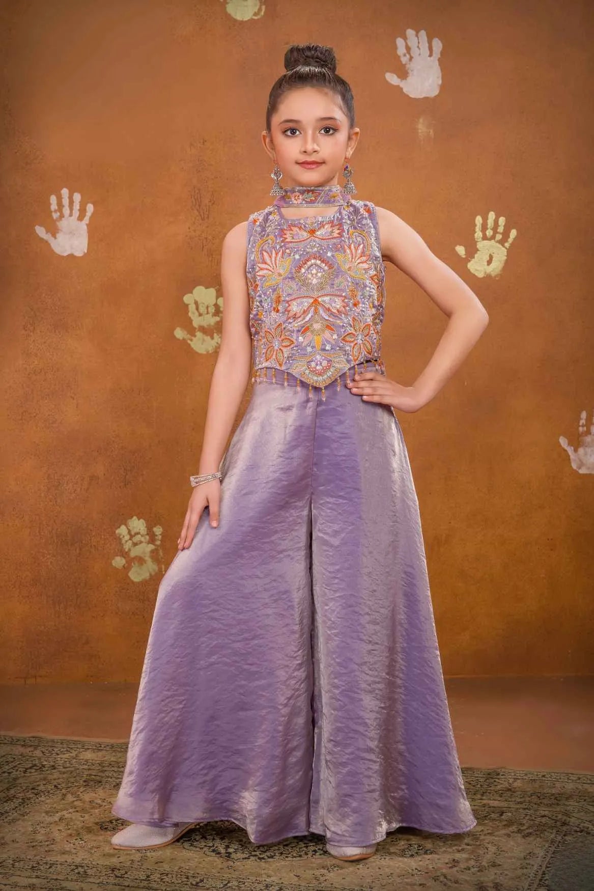 Lavender Embroidered Palazzo Set For Girls