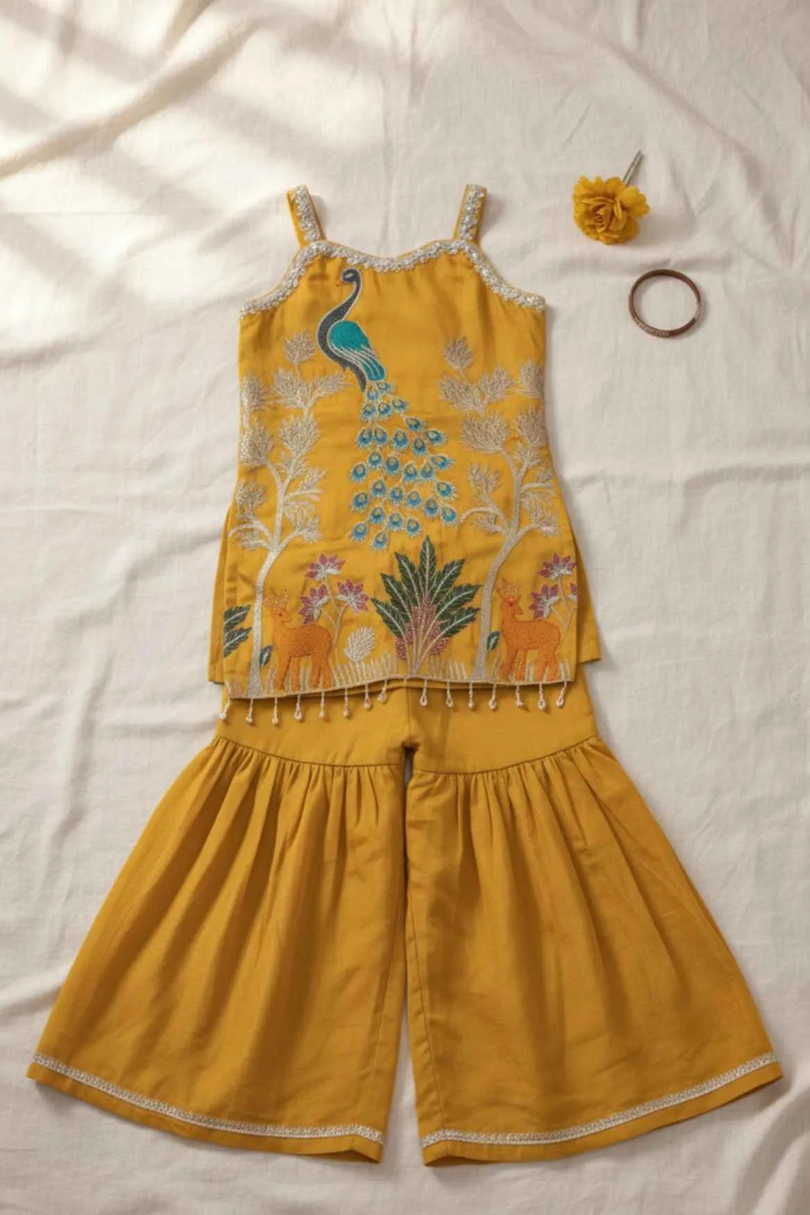 Royal Peacock Mustard Embroidered Sharara Set For Girls