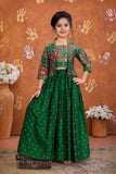 Girls Emerald Green Printed Palazzo Set with Jacket and Palazzo Pants