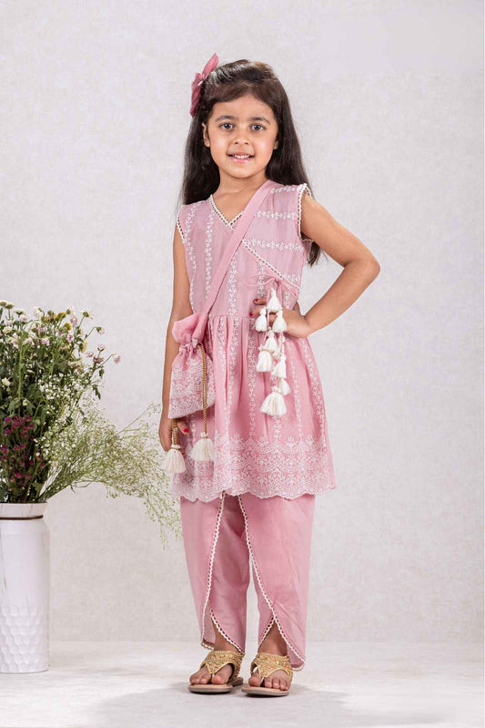 Pink Chikankari Work Dhoti Set With Sling Potli Bag For Girls