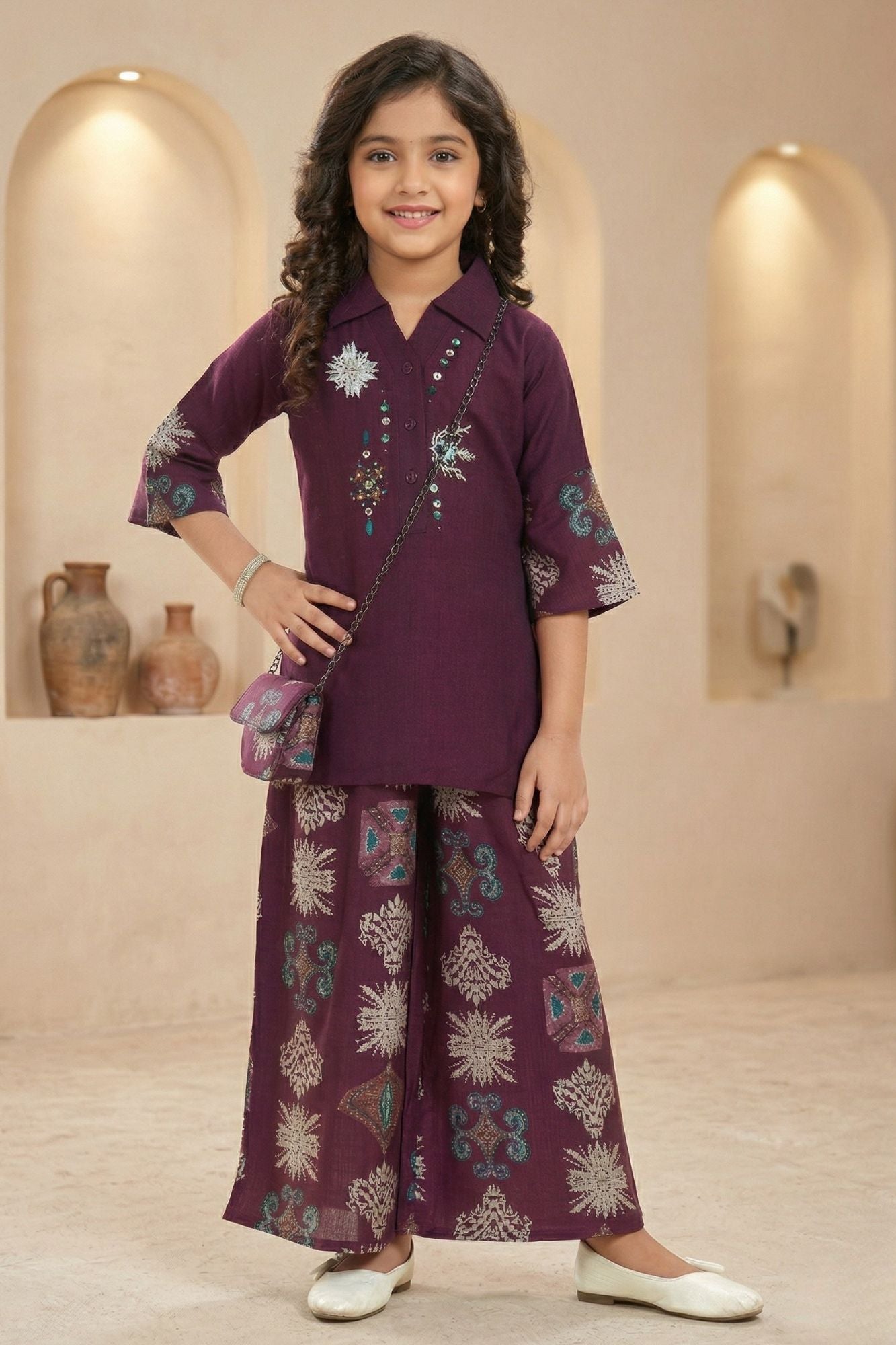 Wine Ethnic Printed Co-Ord Set For Girls