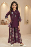 Wine Ethnic Printed Co-Ord Set For Girls
