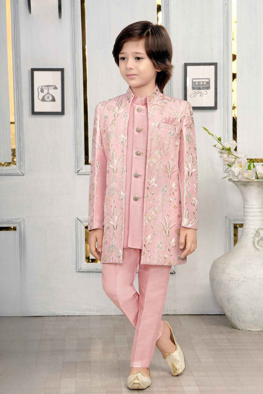 Ethnic Pink Embroidered Indo-Western Sherwani Style Suit For Boys