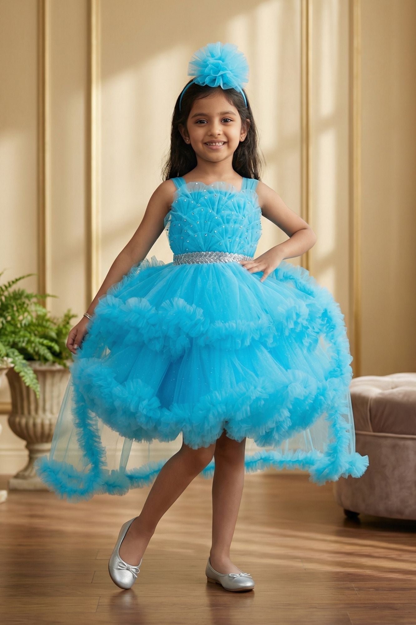 Girls Sky Blue High-Low Party Frock with Ruffled Layers And Embellished Waistbelt
