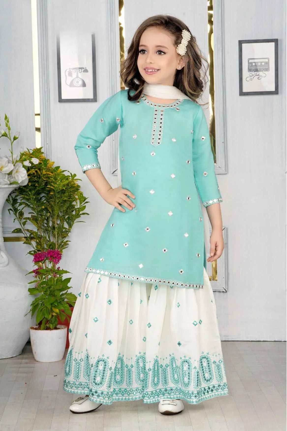 Firozi And White Mirror Embroidery Sharara Set For Girls