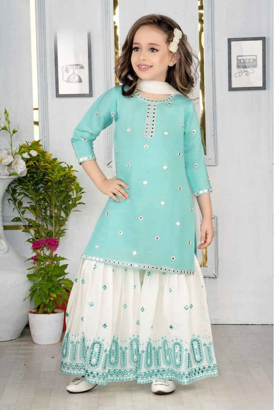 Firozi And White Mirror Embroidery Sharara Set For Girls