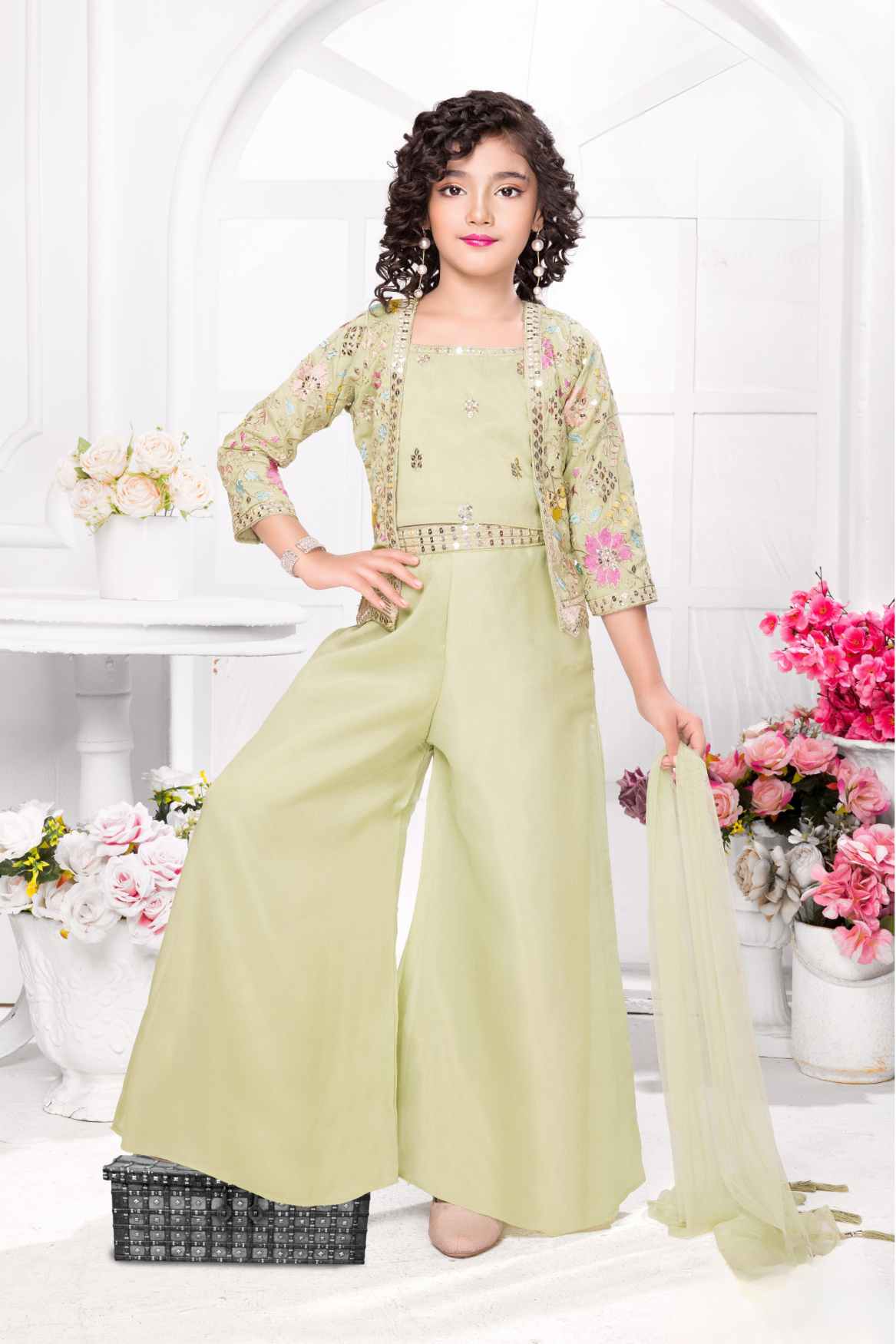 Pastel Green Palazzo Set with Embroidered Jacket for Girls
