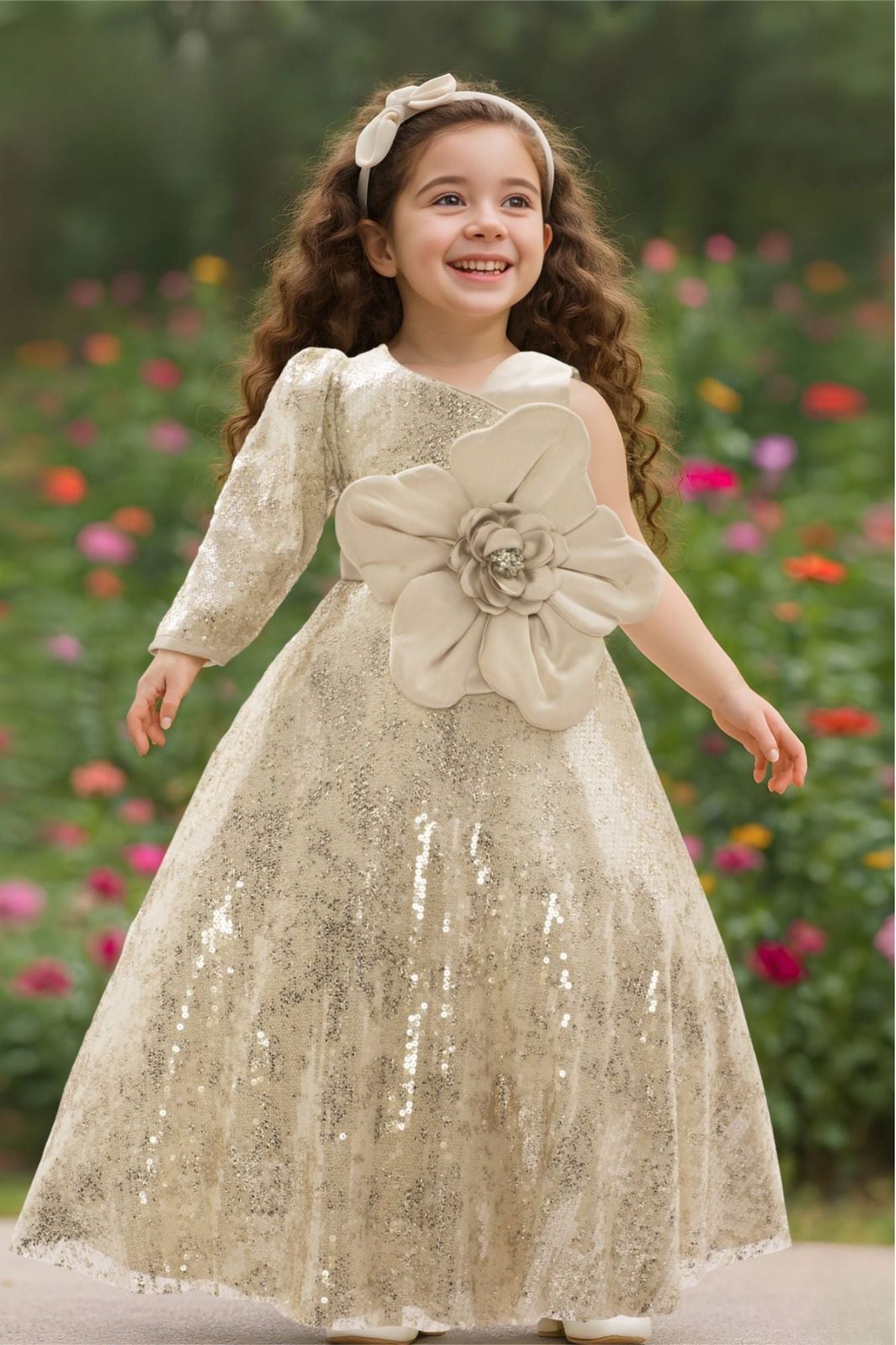 Fawn Sequin Party Gown with Oversized Floral Bow For Girls