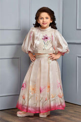 Fawn Calf Length Top And Floral Printed With Floral Embellishment Set For Girls